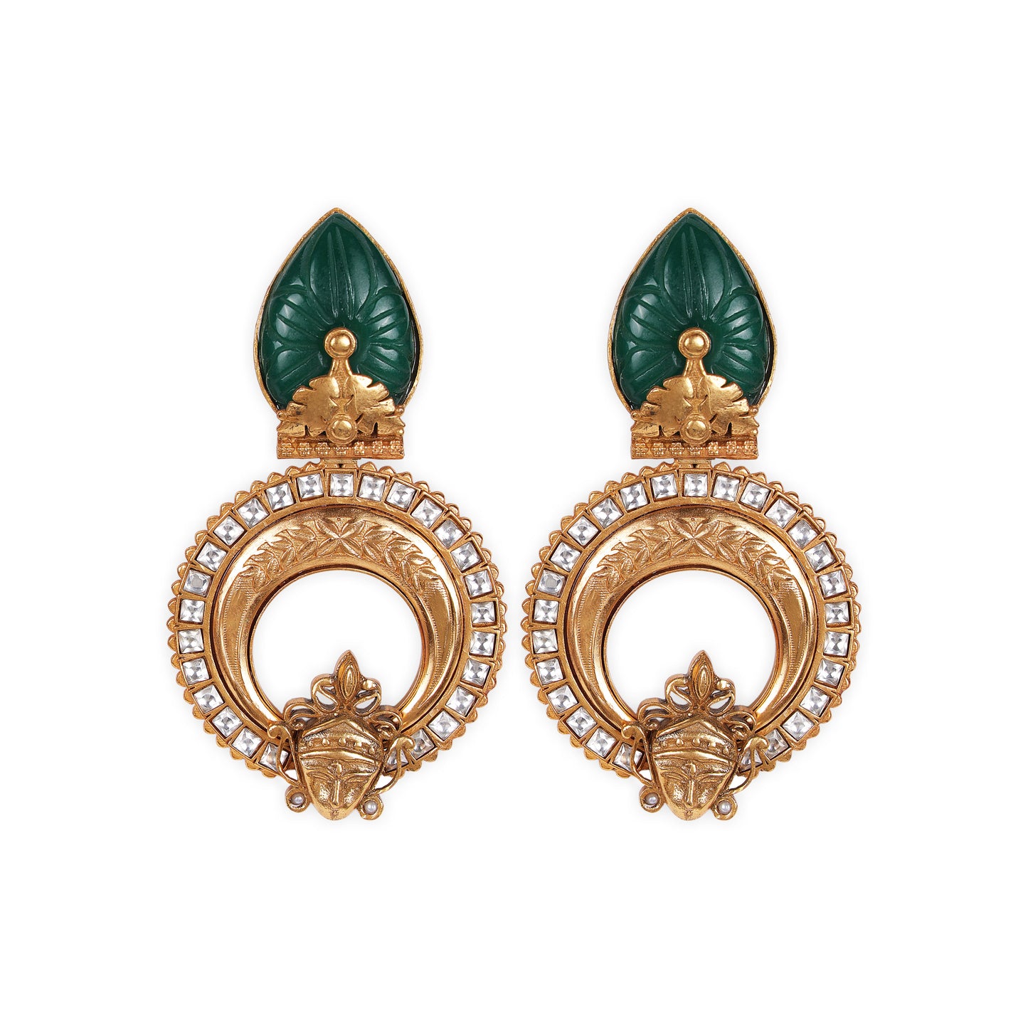Indo-Western Style Pachi Kundan Earrings Crafted from bottle green carved stone, and durable brass the antique matte gold polish gives a timeless Blend of tradition and modern elegance