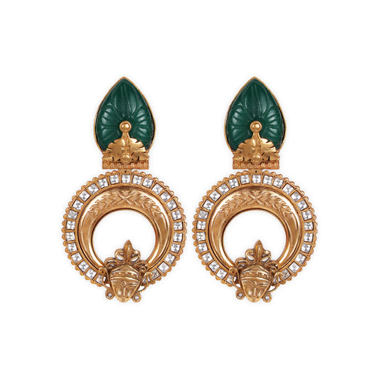 Indo-Western Style Pachi Kundan Earrings Crafted from bottle green carved stone, and durable brass the antique matte gold polish gives a timeless Blend of tradition and modern elegance