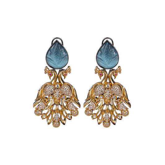 Peacock-Shaped Indo-Western Style Earrings Adorned with carved sky blue stones, Kundan, the shimmering American Diamond (AD) stones enhanced by black and gold polish