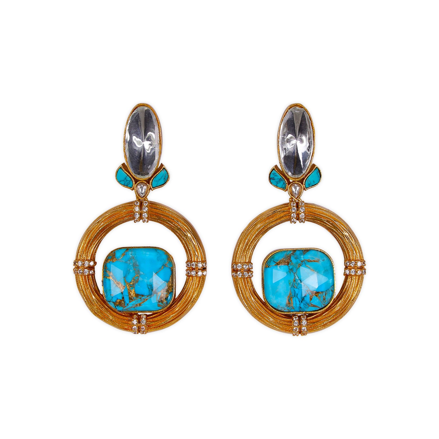Indo-Western Style Moissanite Kundan Earrings, firoza color granite stone is at the center and crafted with high-quality brass metal and antique gold polish