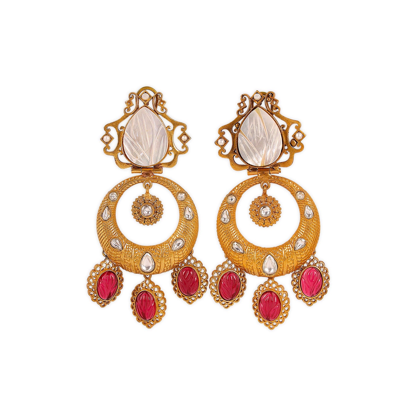 Indo-Western Style Earrings adorned with mother of pearl, carved ruby stone, and dazzling Kundan the perfect statement piece for both ethnic and fusion ensembles