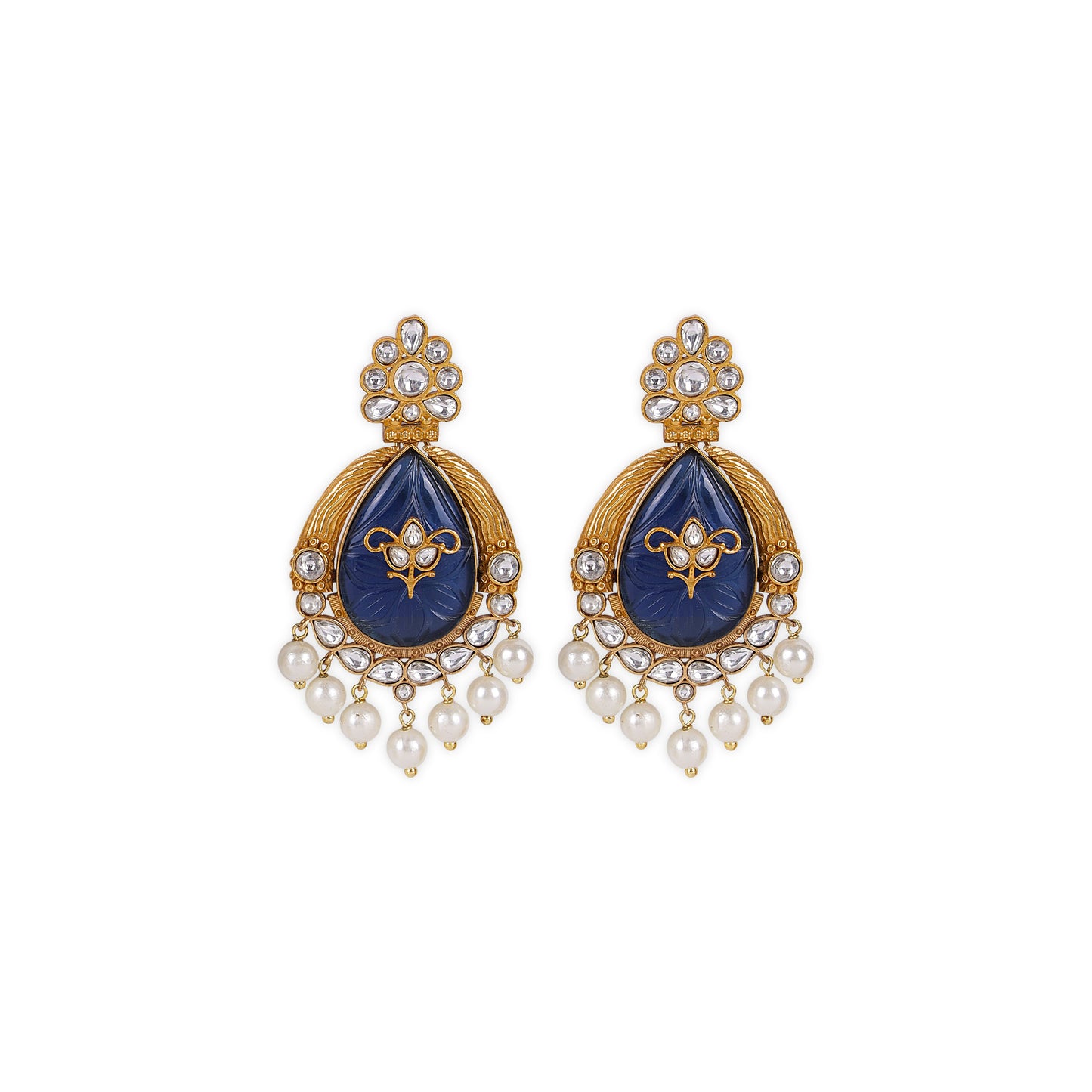 Indo-Western Style Pachi Kundan Earrings: Intricate Design with Carved Glass Stones and Antique Matte Gold Finish the striking blue color adds a bold, sophisticated touch