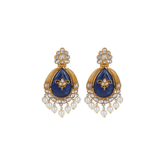 Indo-Western Style Pachi Kundan Earrings: Intricate Design with Carved Glass Stones and Antique Matte Gold Finish the striking blue color adds a bold, sophisticated touch