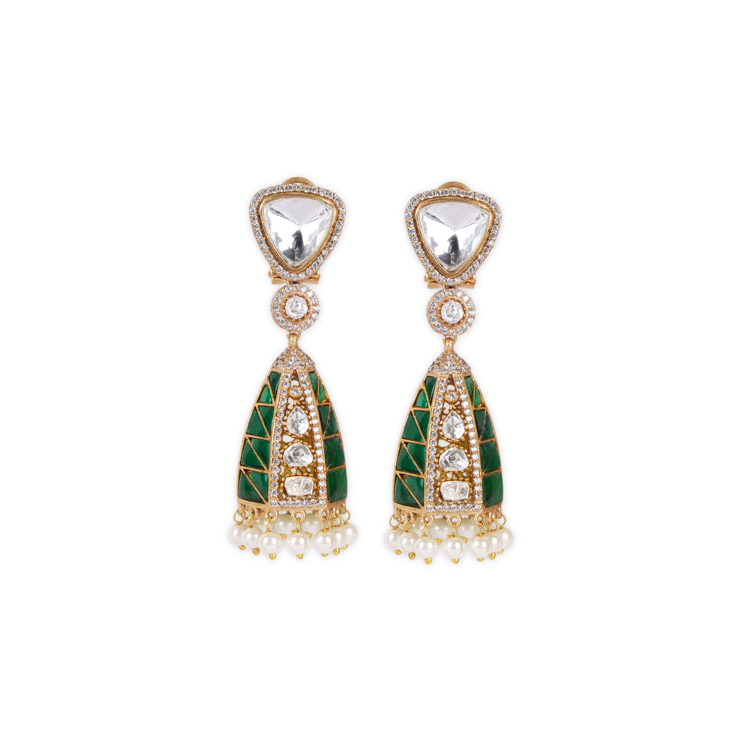 Indo-Western Jhumka-Style Earrings: A Captivating Blend of Moissanite, Kundan, and Sparkling AD Stones Crafted with high-quality brass