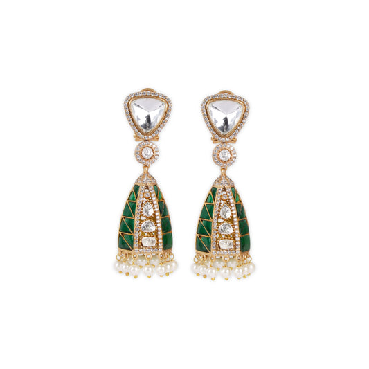 Indo-Western Jhumka-Style Earrings: A Captivating Blend of Moissanite, Kundan, and Sparkling AD Stones Crafted with high-quality brass