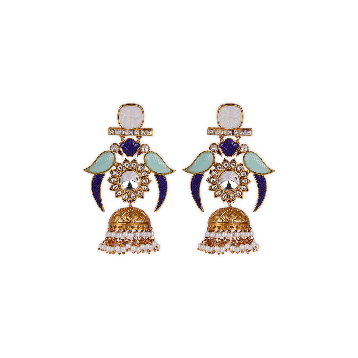 Indo-Western Style Mother of Pearl Earrings adorned with sea green and blue carved glass stones, delicate hanging moti (pearls), and intricate Kundan work