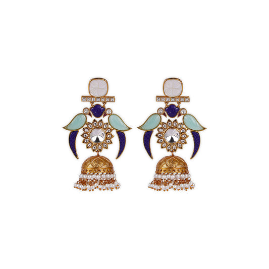 Indo-Western Style Mother of Pearl Earrings adorned with sea green and blue carved glass stones, delicate hanging moti (pearls), and intricate Kundan work