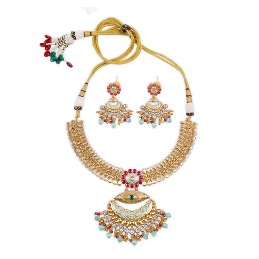 Antique Gold Polish Rajwadi-Style Meenakari Polki Kundan Set with Ruby Accents and Onyx Beads