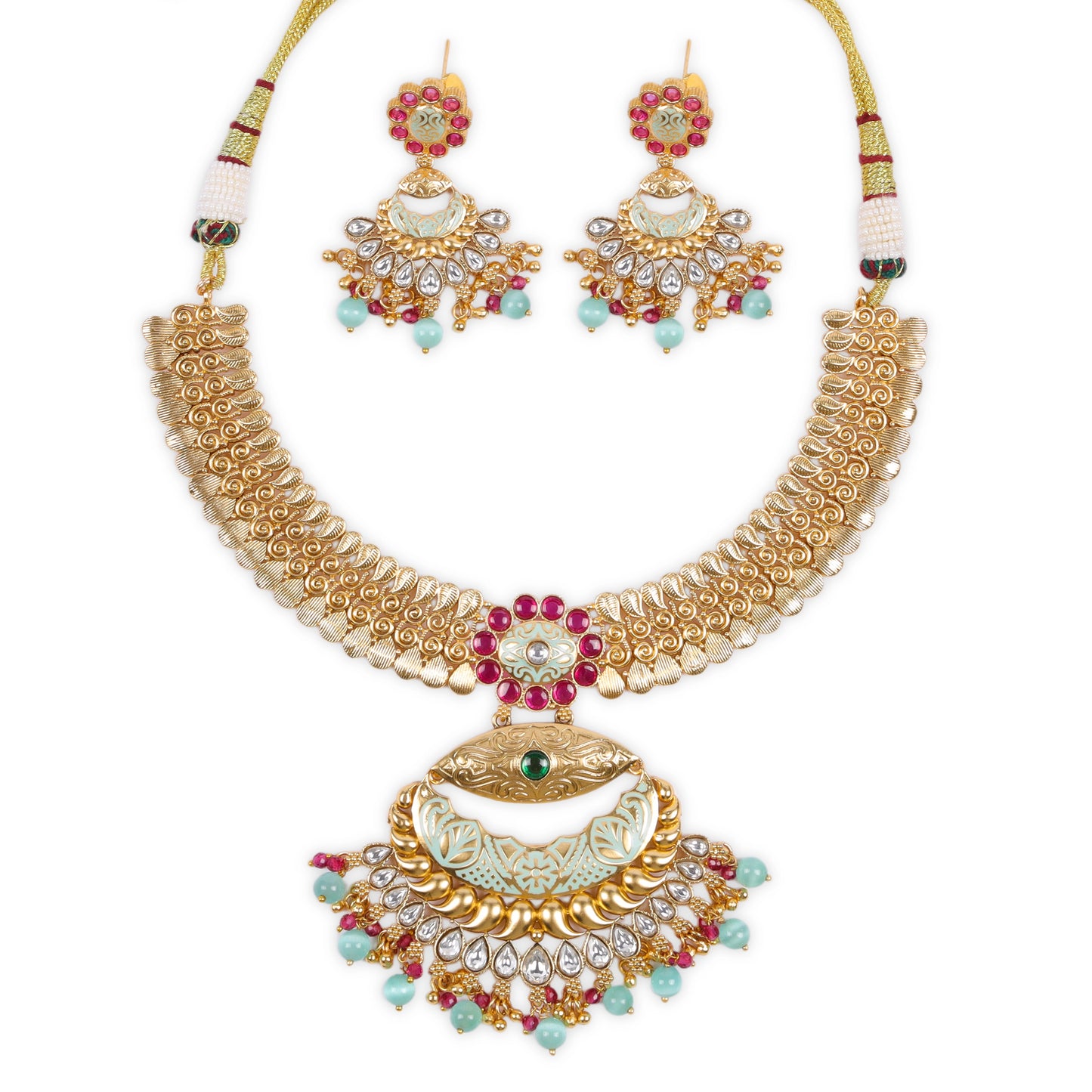 Antique Gold Polish Rajwadi-Style Meenakari Polki Kundan Set with Ruby Accents and Onyx Beads