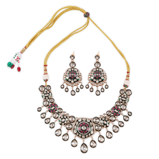 Exquisite Necklace with Pentagon-Shaped Design & Earrings: Front Green Meenakari design, Back Setting Kundan, AD & Ruby stones studded necklace