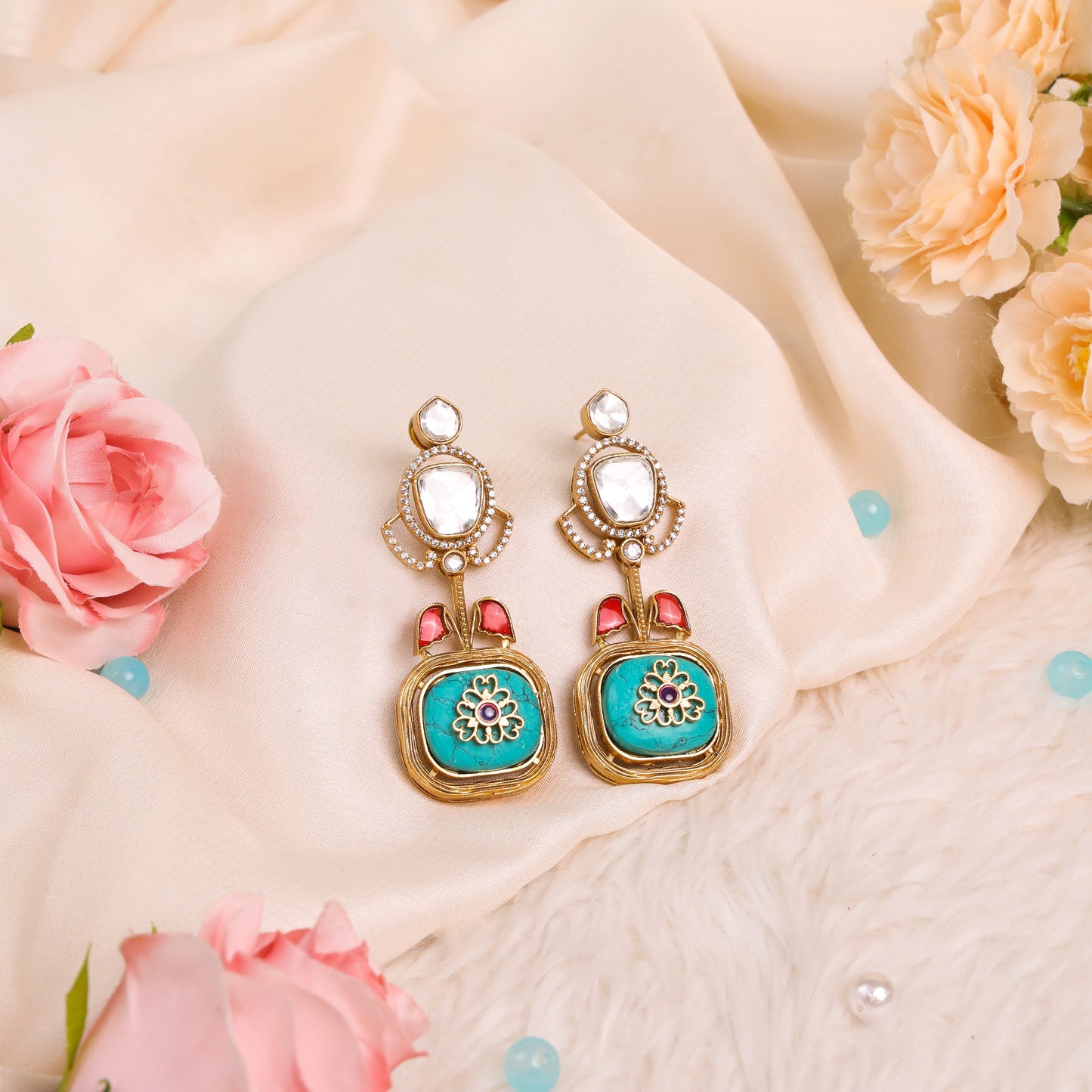 Trending Moissanite Kundan Earrings studded with Moissanite, AD, Kundan & carved double 8 stones a Fusion of Indo-Western Elegance and Antique Matte Gold Polish