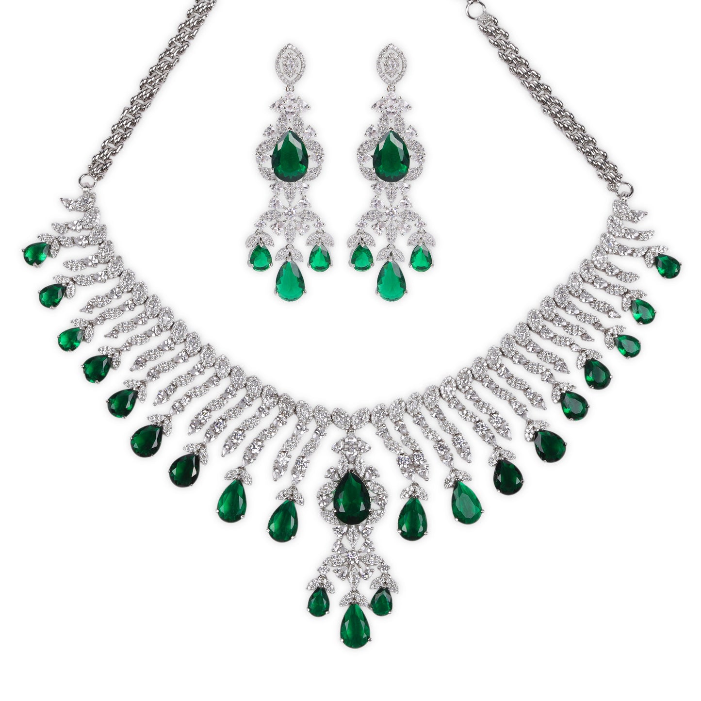 Premium AD Necklace Set Exquisite American Diamonds with Stunning Green Teardrop Stones
