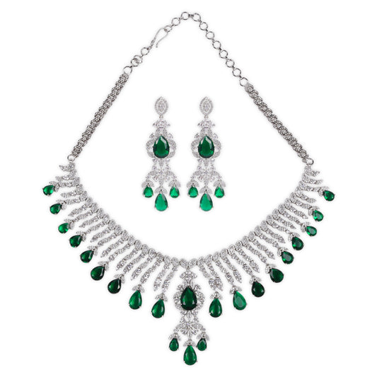 Premium AD Necklace Set Exquisite American Diamonds with Stunning Green Teardrop Stones