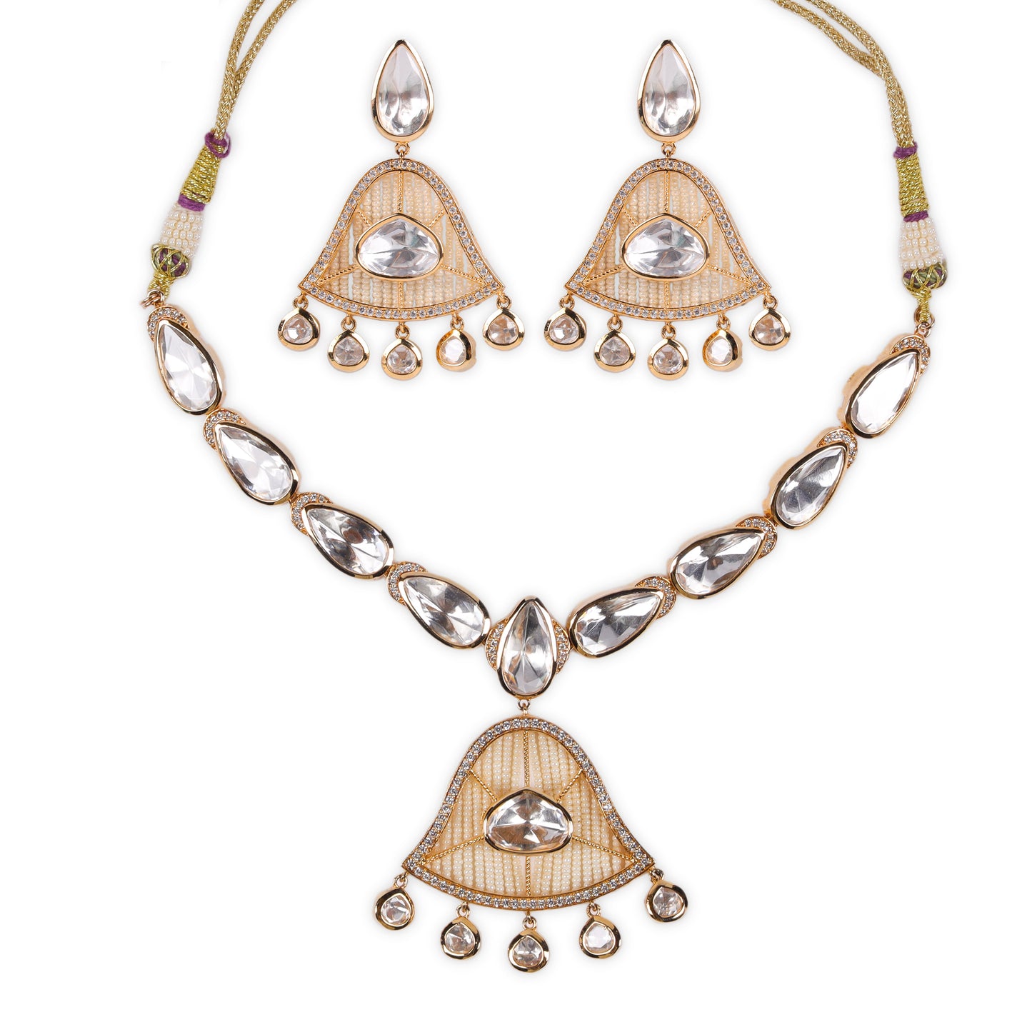 Necklace with Elegant Bell-Shaped Pendant & Earrings: Stunning big Kundan, AD, and Pearl Embellishments for a Unique Touch