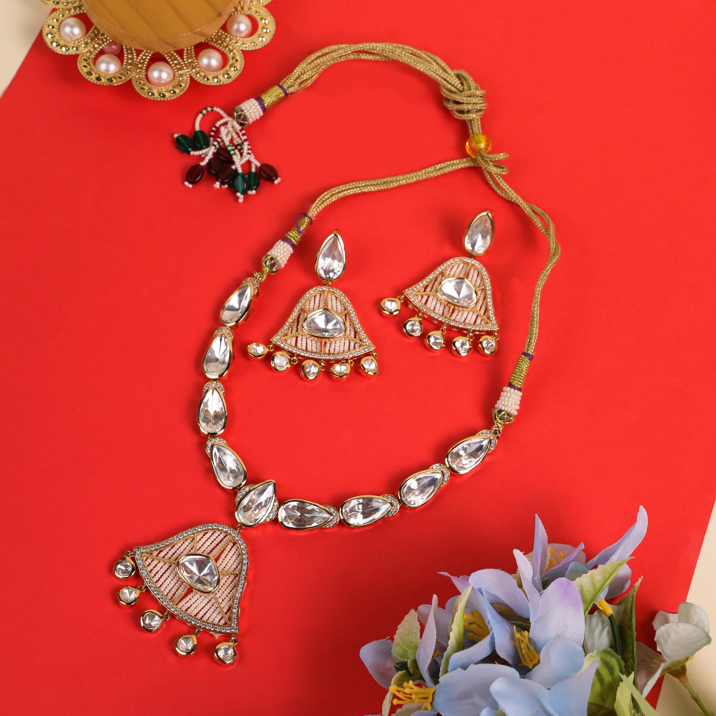 Necklace with Elegant Bell-Shaped Pendant & Earrings: Stunning big Kundan, AD, and Pearl Embellishments for a Unique Touch