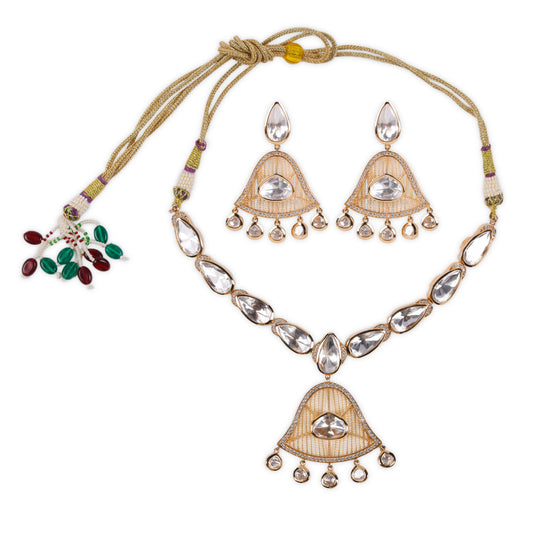 Necklace with Elegant Bell-Shaped Pendant & Earrings: Stunning big Kundan, AD, and Pearl Embellishments for a Unique Touch