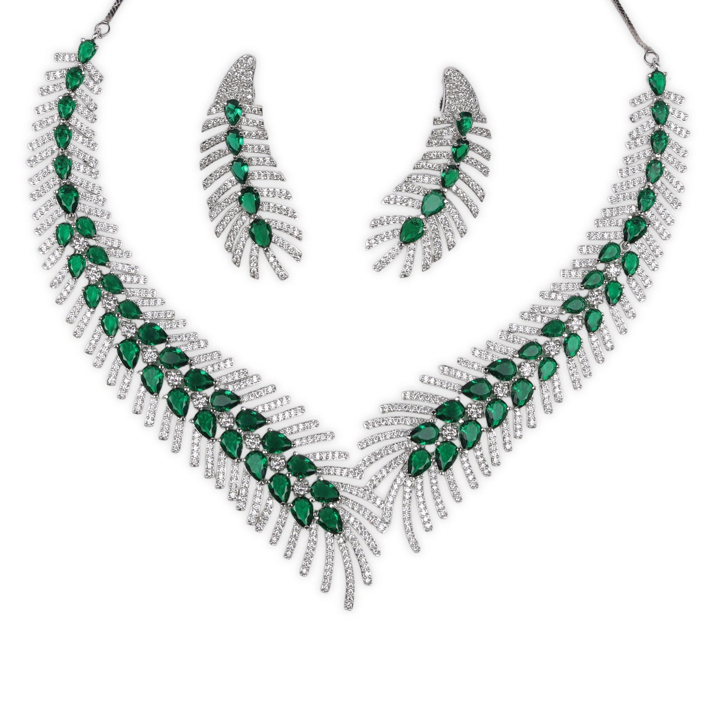 Chic Bottle Green Feather Style AD Necklace & Earrings with anti tarnish Rhodium Polished
