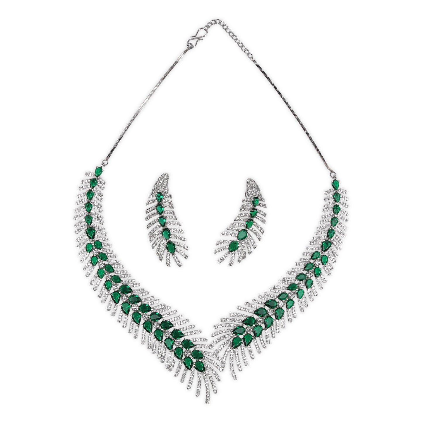 Chic Bottle Green Feather Style AD Necklace & Earrings with anti tarnish Rhodium Polished