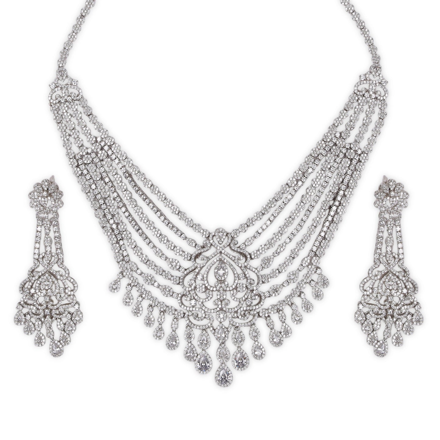 Heart-Inspired American Diamond Necklace: Featuring AD & Pear-Shaped Stones with Elegant Drop & Dangle Earrings