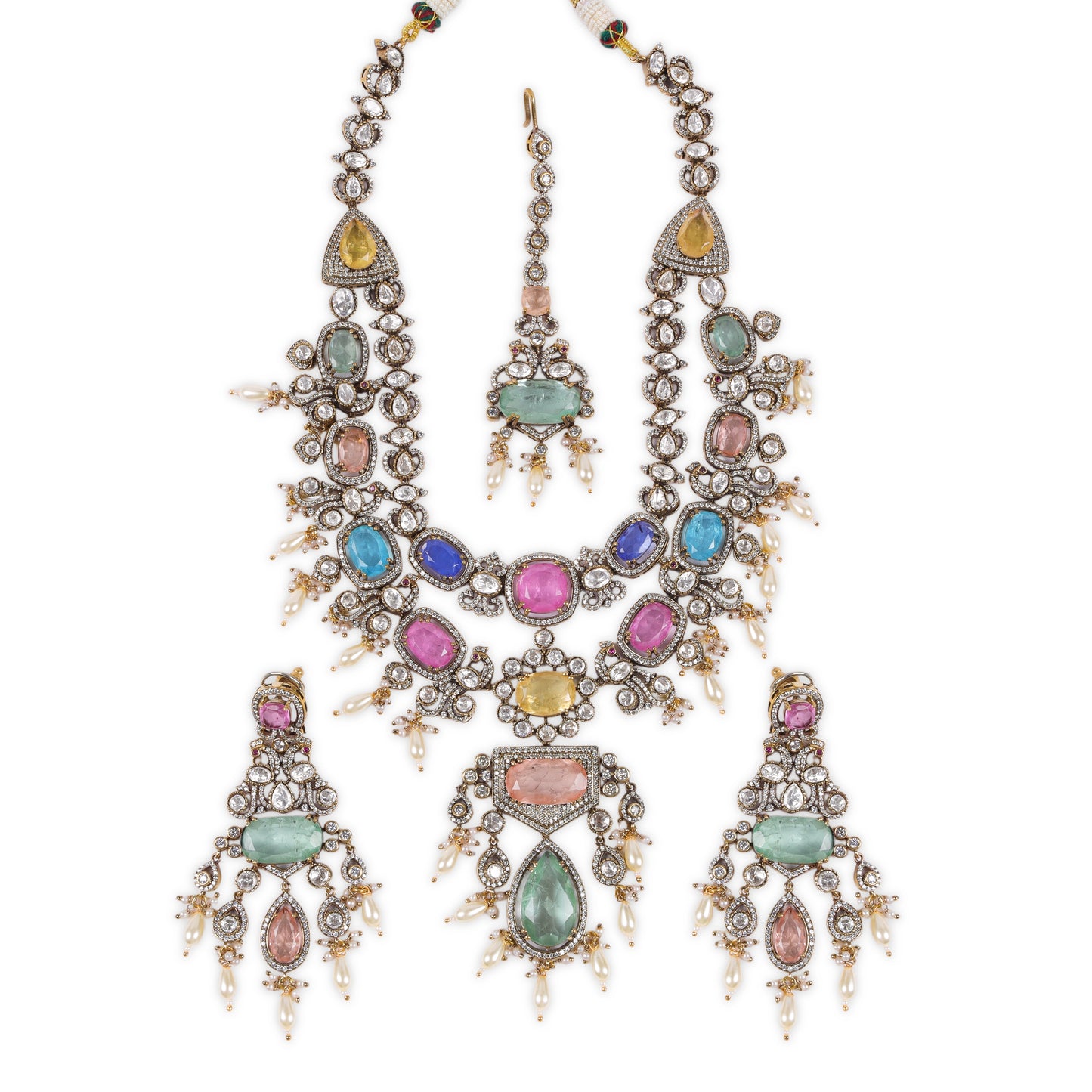 Exquisite Multi-Color Indo-Western 2-Line Long Set with Dazzling Kundan Moissanite Stones, Lustrous Pearls, Semi-Precious Stones, and a Coordinated Maang Tikka for a Refined, Complete Look