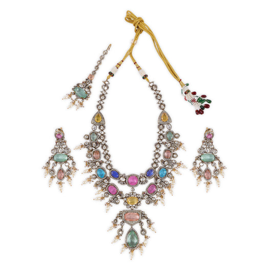 Exquisite Multi-Color Indo-Western 2-Line Long Set with Dazzling Kundan Moissanite Stones, Lustrous Pearls, Semi-Precious Stones, and a Coordinated Maang Tikka for a Refined, Complete Look
