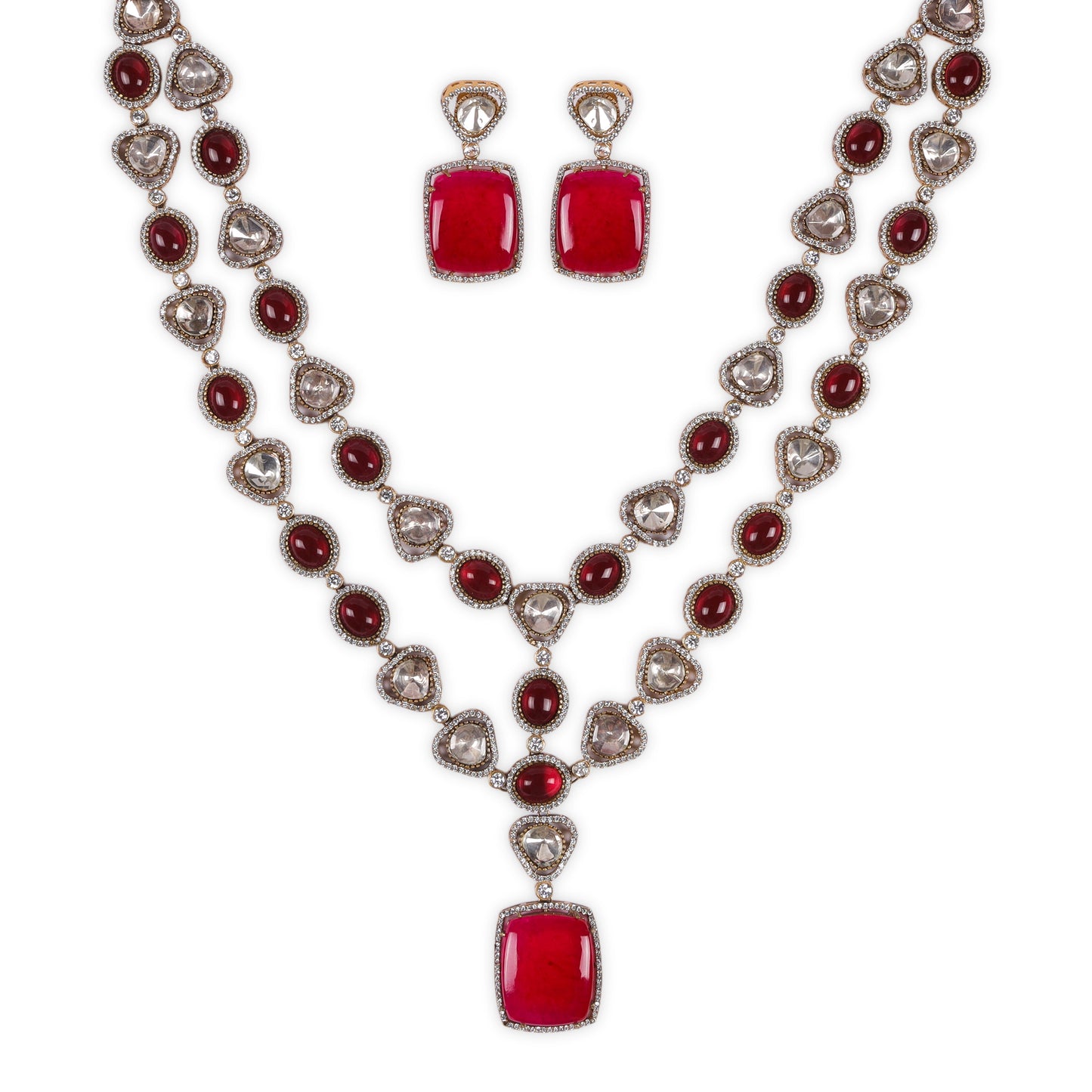 Indo western Two-Line Necklace studded with Reddish-Pink Stones, Uncut Kundan, AD & Bold Rectangular Pendant with Matching Earrings