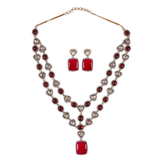 Indo western Two-Line Necklace studded with Reddish-Pink Stones, Uncut Kundan, AD & Bold Rectangular Pendant with Matching Earrings