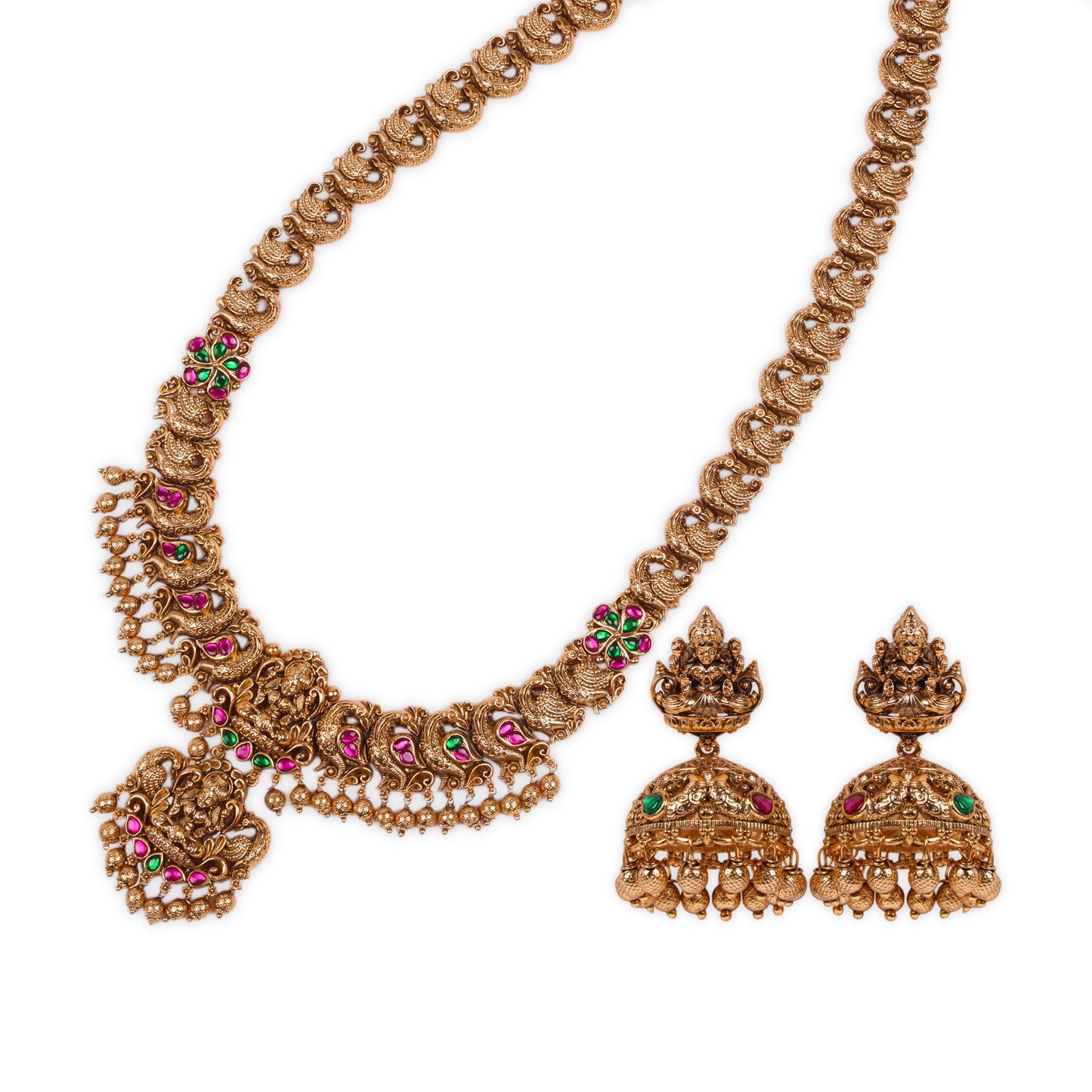 Timeless Long Antique Temple Jewelry: Ruby & Emerald Stones with Peacock-Inspired Chain and a Lakshmiji Pendant