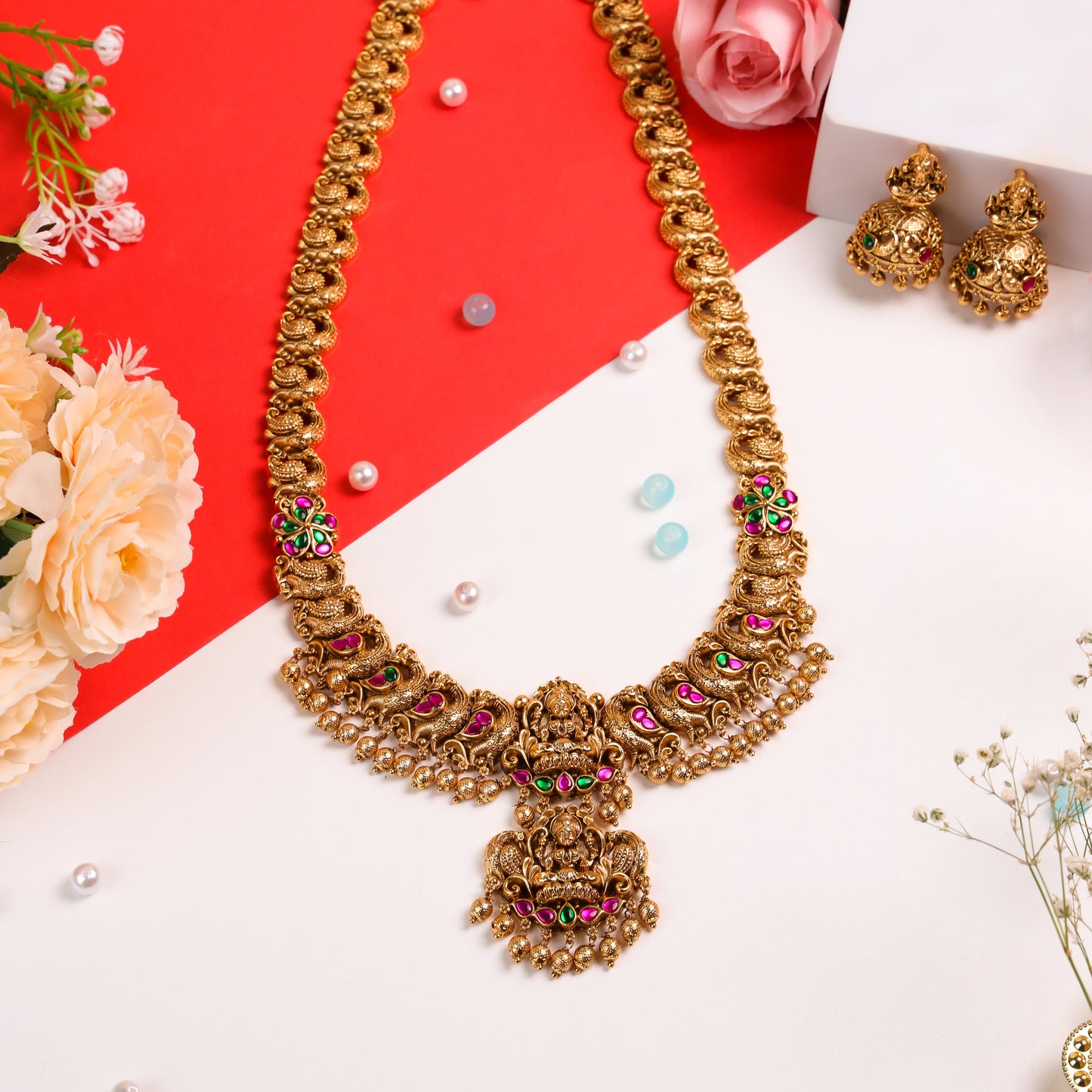 Timeless Long Antique Temple Jewelry: Ruby & Emerald Stones with Peacock-Inspired Chain and a Lakshmiji Pendant