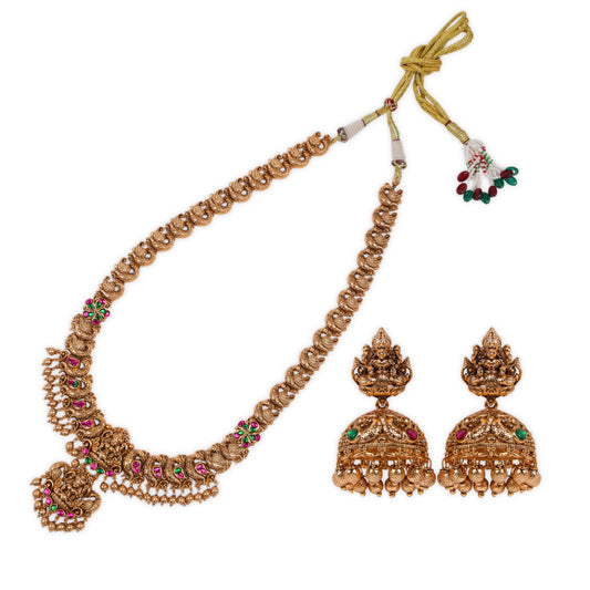 Timeless Long Antique Temple Jewelry: Ruby & Emerald Stones with Peacock-Inspired Chain and a Lakshmiji Pendant