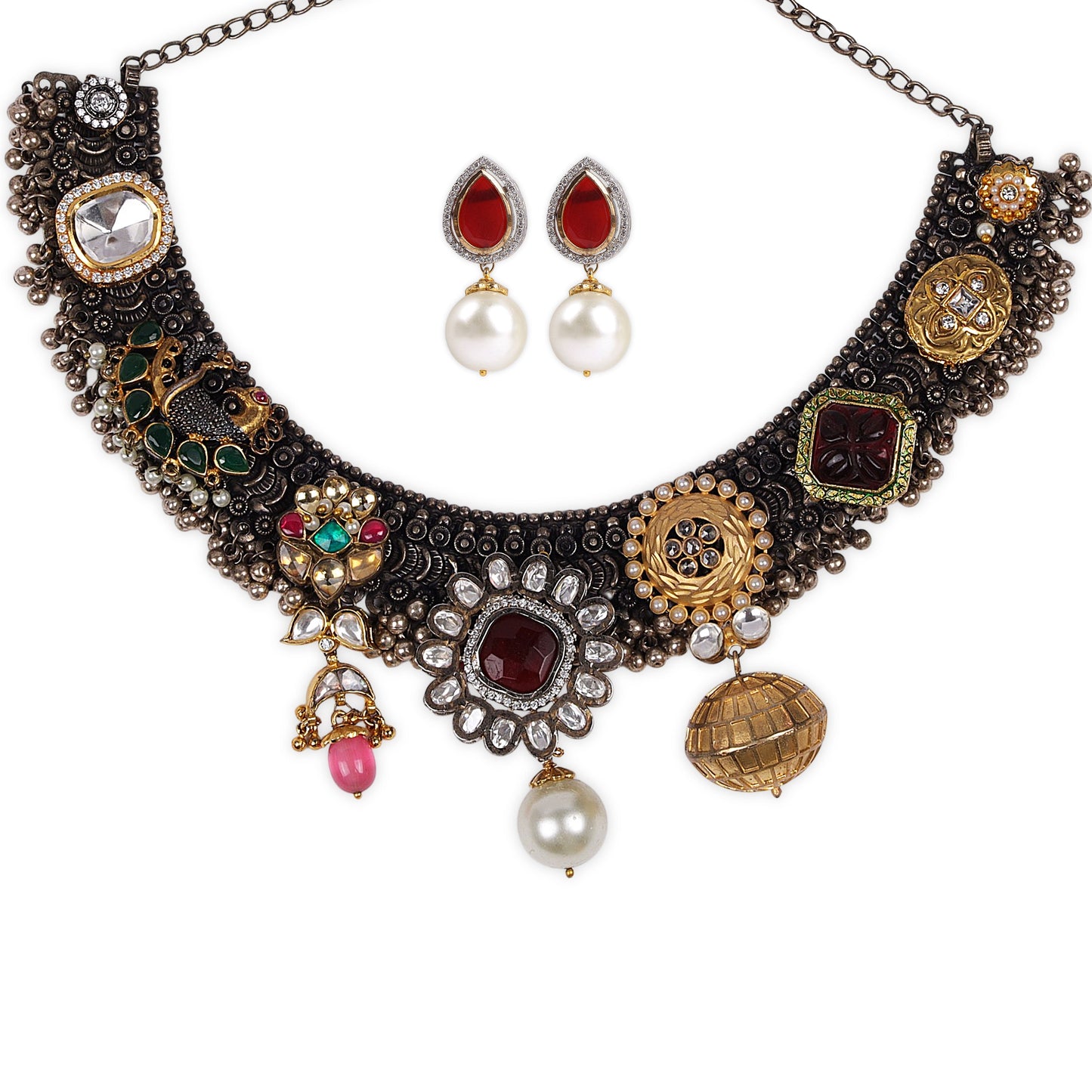 Stunning Oxidized Jewelry: Onyx Pink, Ruby, Green & Maroon Stones with a Center White Pearl and Matching Pearl Earrings