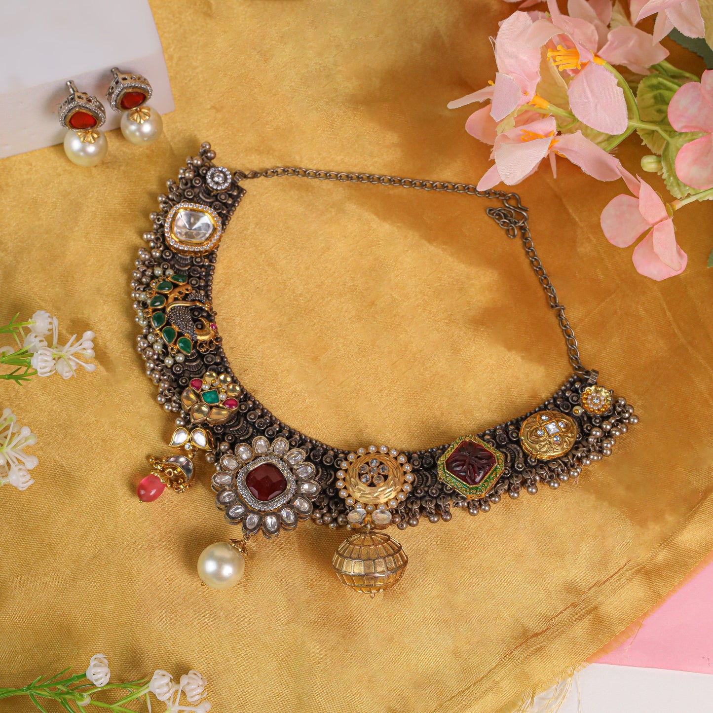Stunning Oxidized Jewelry: Onyx Pink, Ruby, Green & Maroon Stones with a Center White Pearl and Matching Pearl Earrings
