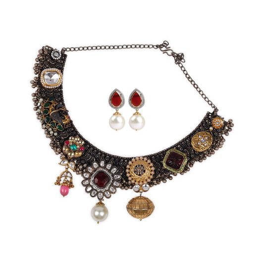 Stunning Oxidized Jewelry: Onyx Pink, Ruby, Green & Maroon Stones with a Center White Pearl and Matching Pearl Earrings