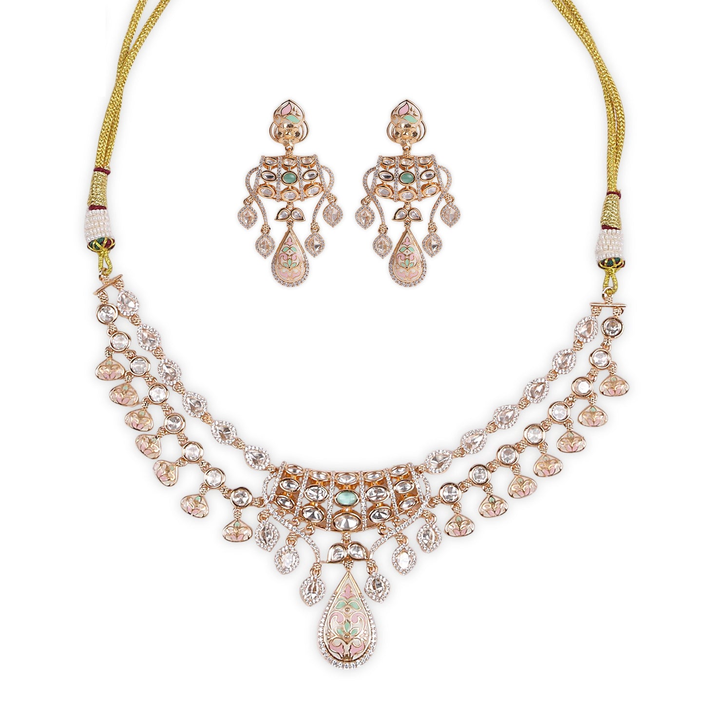 Inverted Crown-Shaped inspired Meenkari kundan Jewelry set: Back Setting Kundan with AD Stones & Sea Blue Accent, Featuring Inverted Crown-Shaped Earrings