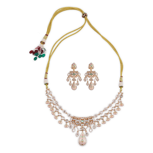 Inverted Crown-Shaped inspired Meenkari kundan Jewelry set: Back Setting Kundan with AD Stones & Sea Blue Accent, Featuring Inverted Crown-Shaped Earrings