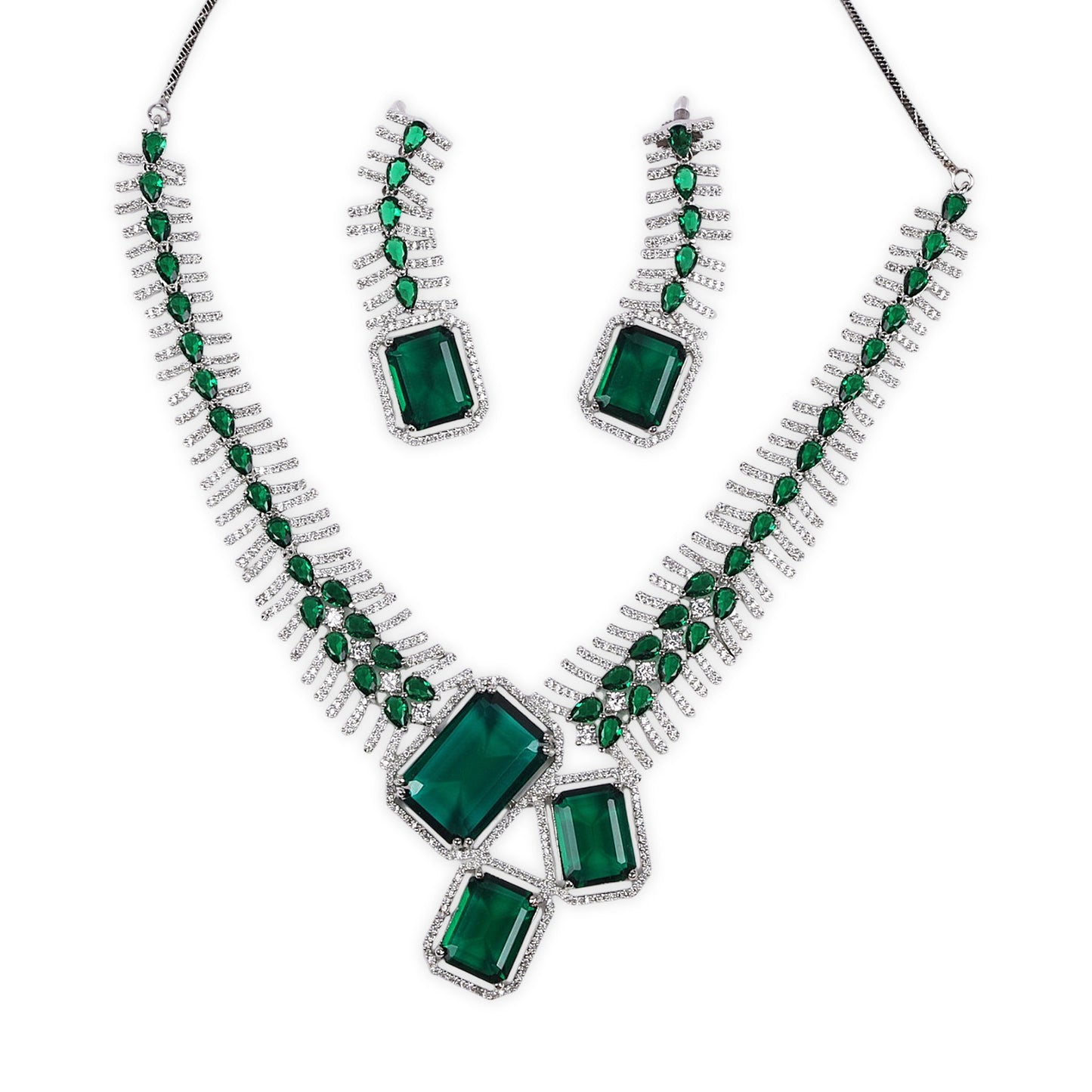 Western-Inspired Design: American Diamond Bottle Green Necklace with 3 Large Stone-Like Centerpieces & Rhodium Polish Finish with a pair of curved earrings