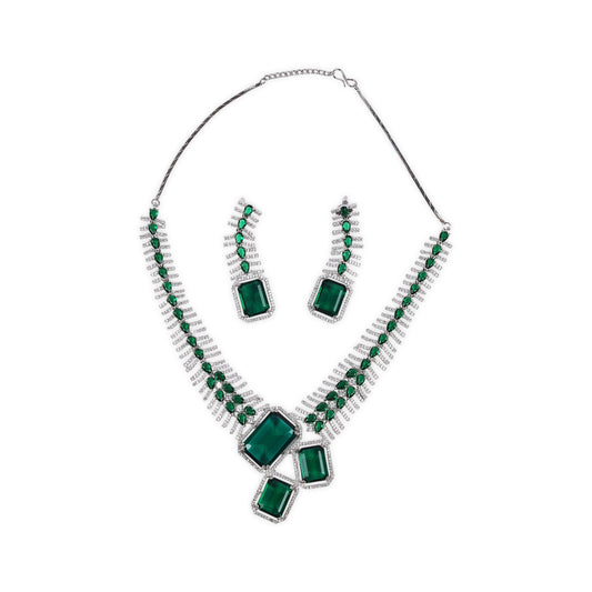 Western-Inspired Design: American Diamond Bottle Green Necklace with 3 Large Stone-Like Centerpieces & Rhodium Polish Finish with a pair of curved earrings