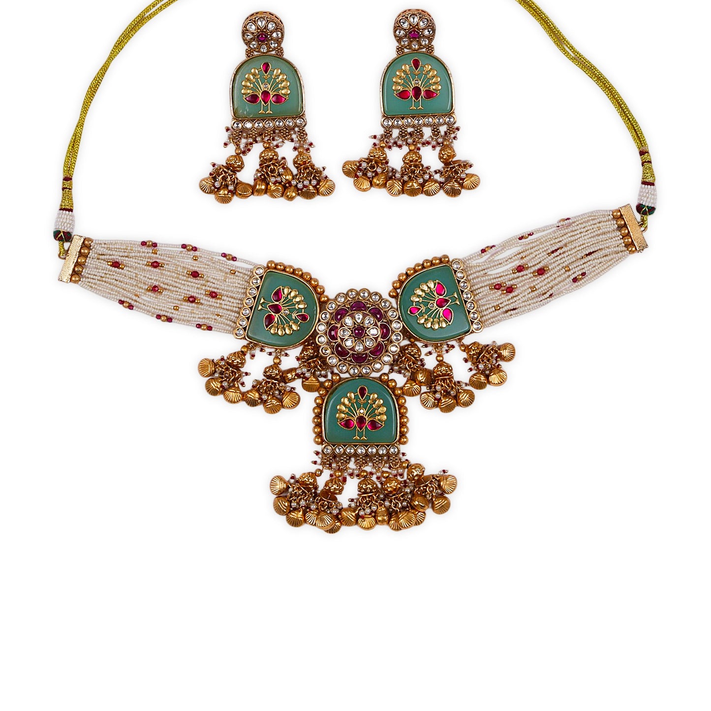 Heritage Rajwadi Necklace: Moti Bandai Work with Ruby & Kundan Stones, Pearls, and Sea-Green Carving Stone Design