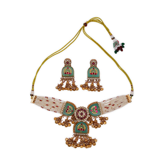 Heritage Rajwadi Necklace: Moti Bandai Work with Ruby & Kundan Stones, Pearls, and Sea-Green Carving Stone Design