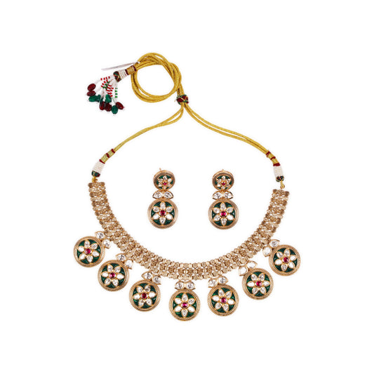 Epoxy Kundan Green Meenakari Set: Featuring Ruby and Kundan Stones, with Matte Gold Polish