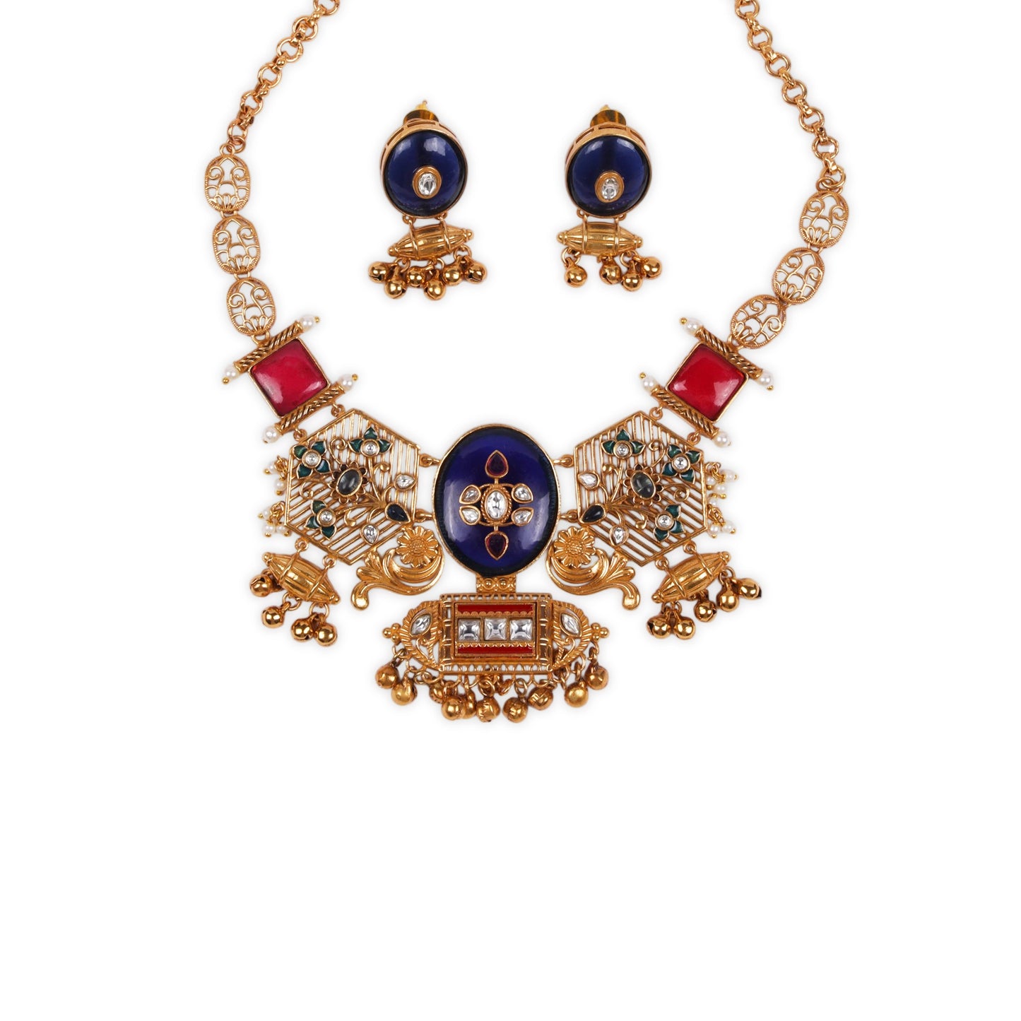 Indo-Western Style with Antique touch Necklace studded with Kundan & Ruby Stones, White Pearls, Navy Blue Center Stone & Matching Earrings