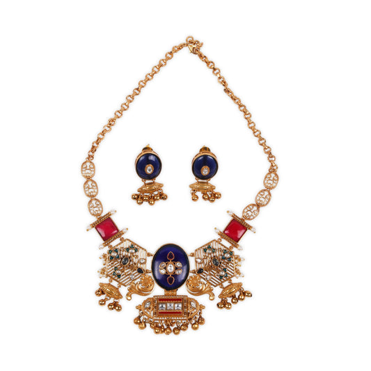 Indo-Western Style with Antique touch Necklace studded with Kundan & Ruby Stones, White Pearls, Navy Blue Center Stone & Matching Earrings
