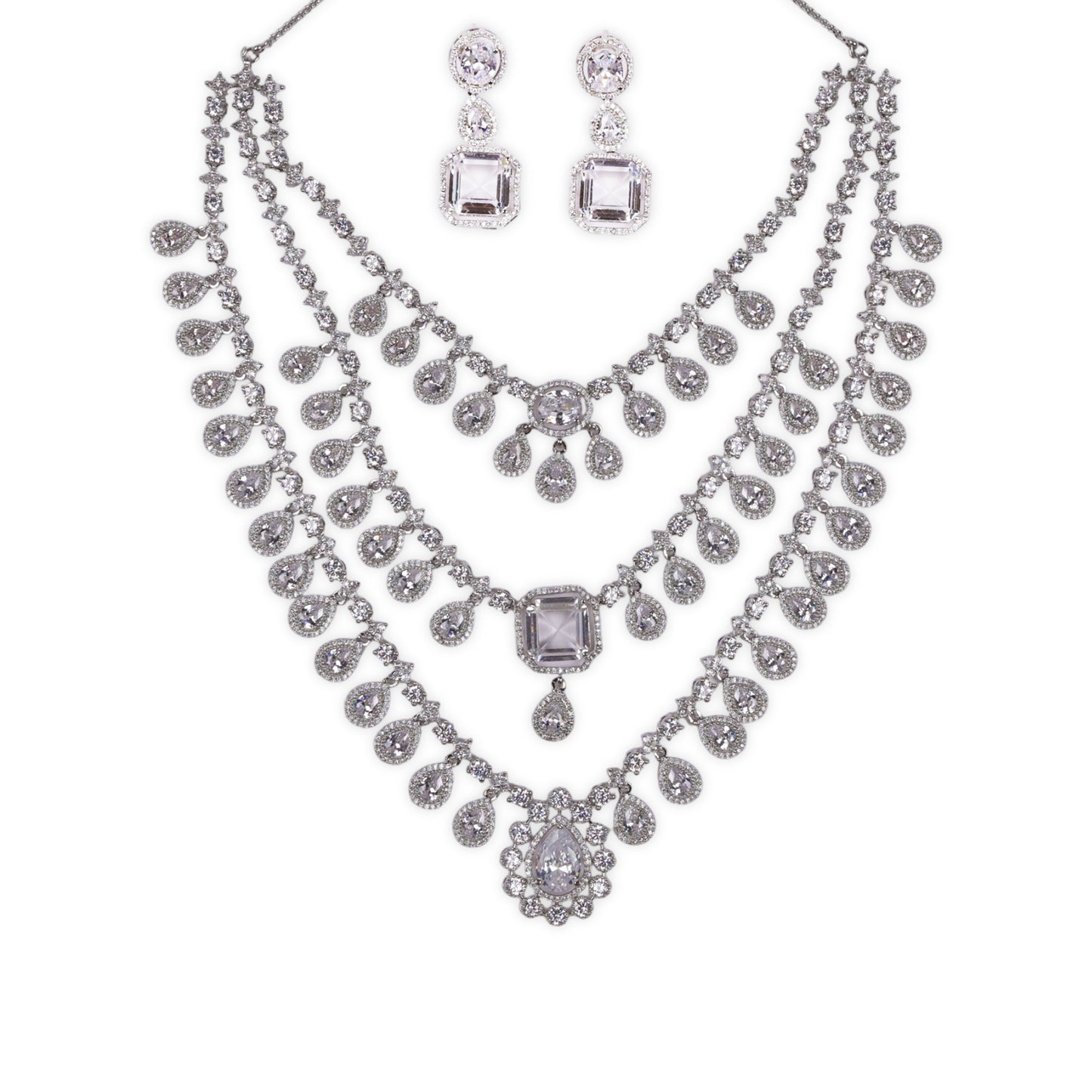 Graceful V-Shaped Design: Long 3-Line AD Necklace with American Diamonds and Pear-Shaped Stone at the Heart, Crafted in Brass Metal