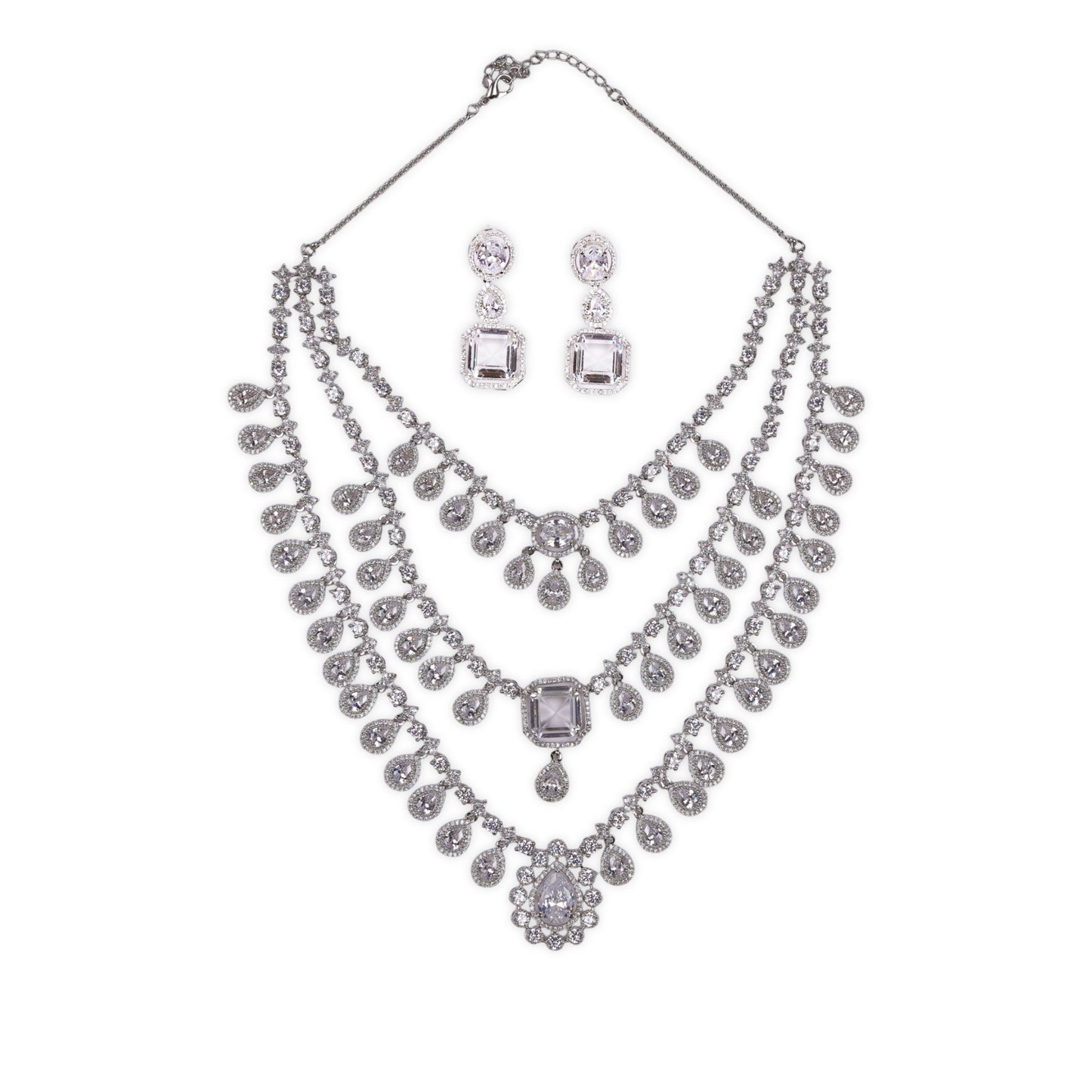 Graceful V-Shaped Design: Long 3-Line AD Necklace with American Diamonds and Pear-Shaped Stone at the Heart, Crafted in Brass Metal