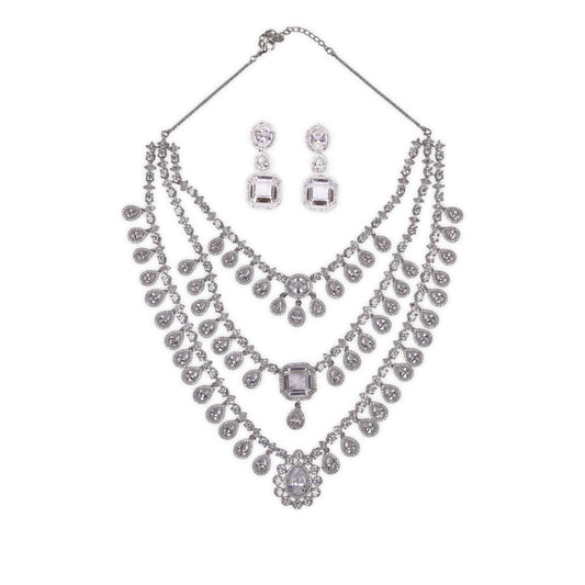 Graceful V-Shaped Design: Long 3-Line AD Necklace with American Diamonds and Pear-Shaped Stone at the Heart, Crafted in Brass Metal