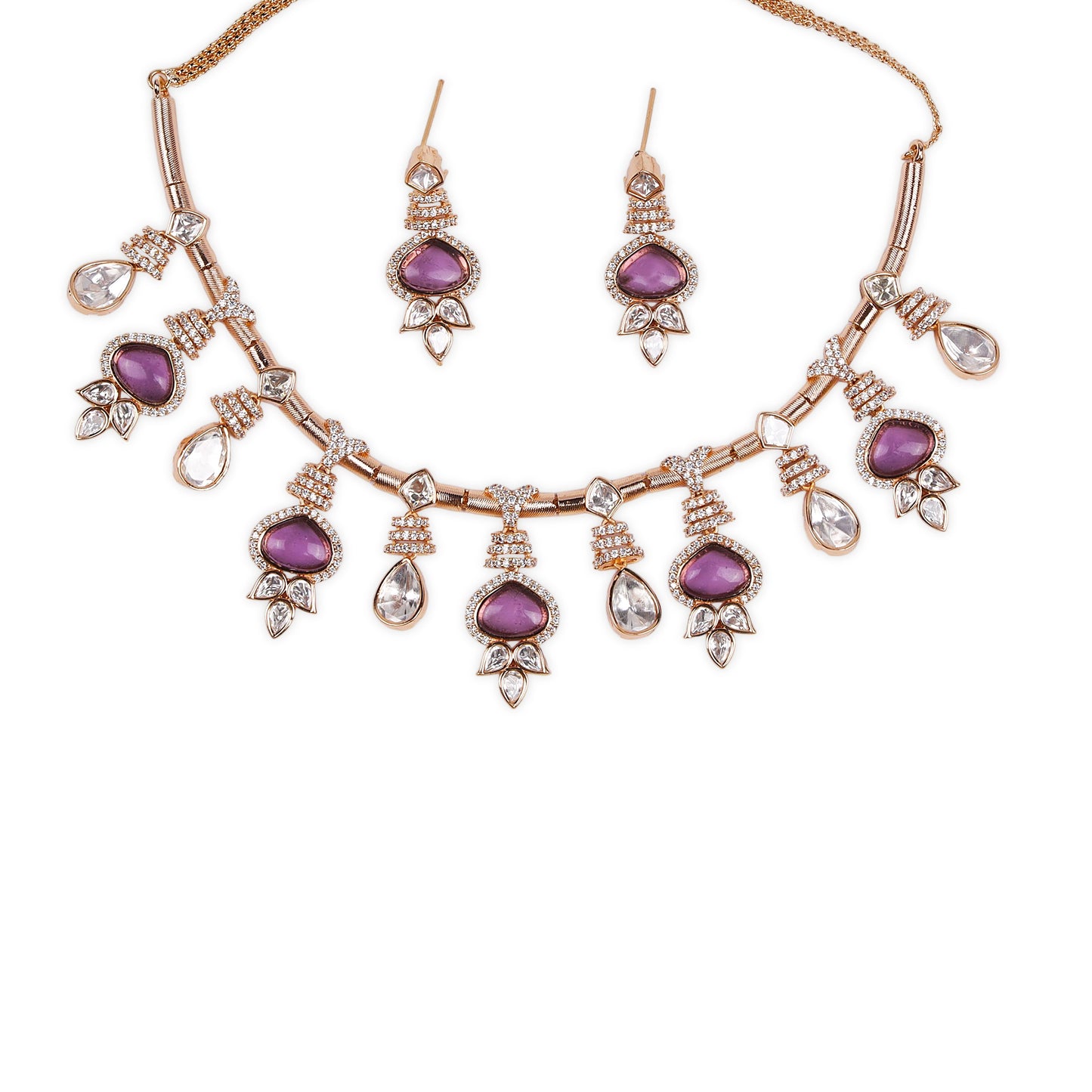 Gold plated Kundan back setting Necklace studded with Purple Glass Stone & AD Stones