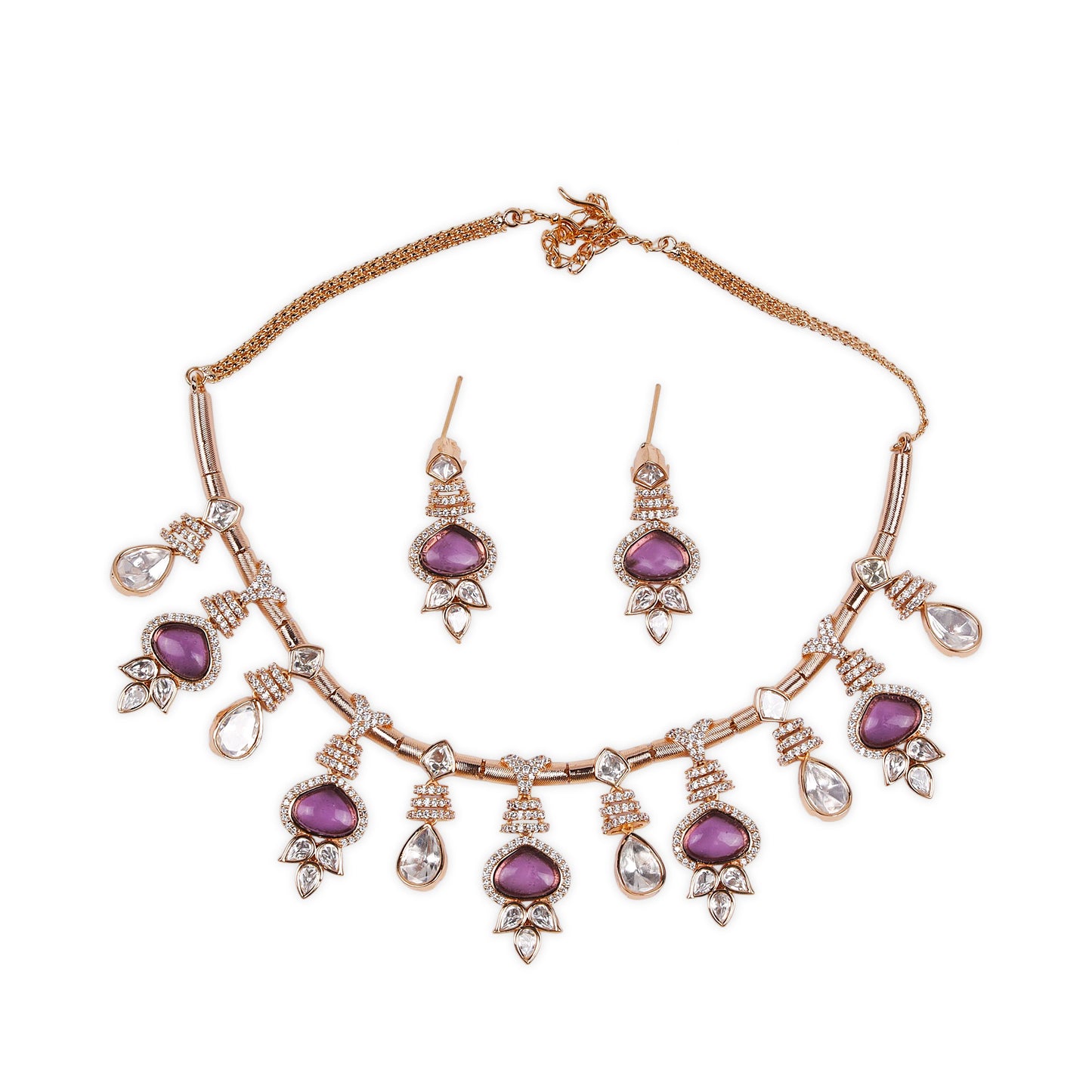 Gold plated Kundan back setting Necklace studded with Purple Glass Stone & AD Stones