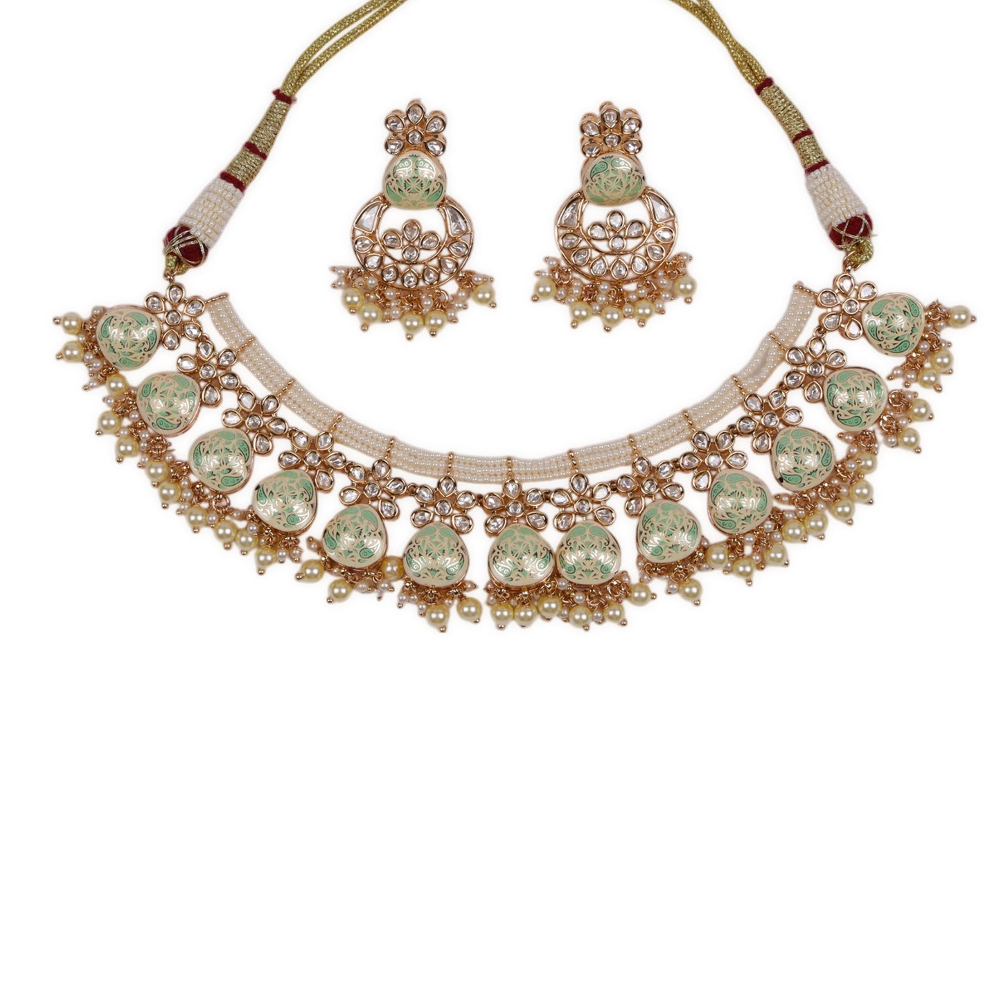 Computerized Sea Green Meenakari Necklace: Back-Setting Kundan Work Adorned with Moti Droplets, Handcrafted Using the Age-Old Bandai Technique