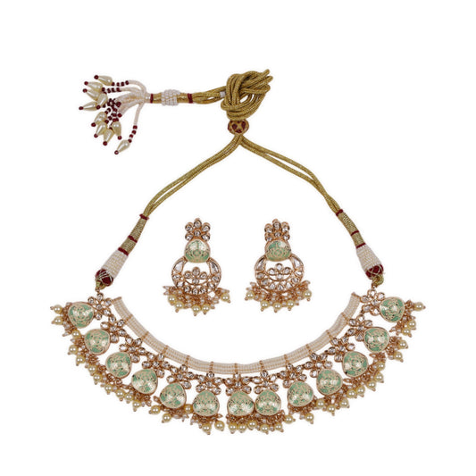 Computerized Sea Green Meenakari Necklace: Back-Setting Kundan Work Adorned with Moti Droplets, Handcrafted Using the Age-Old Bandai Technique