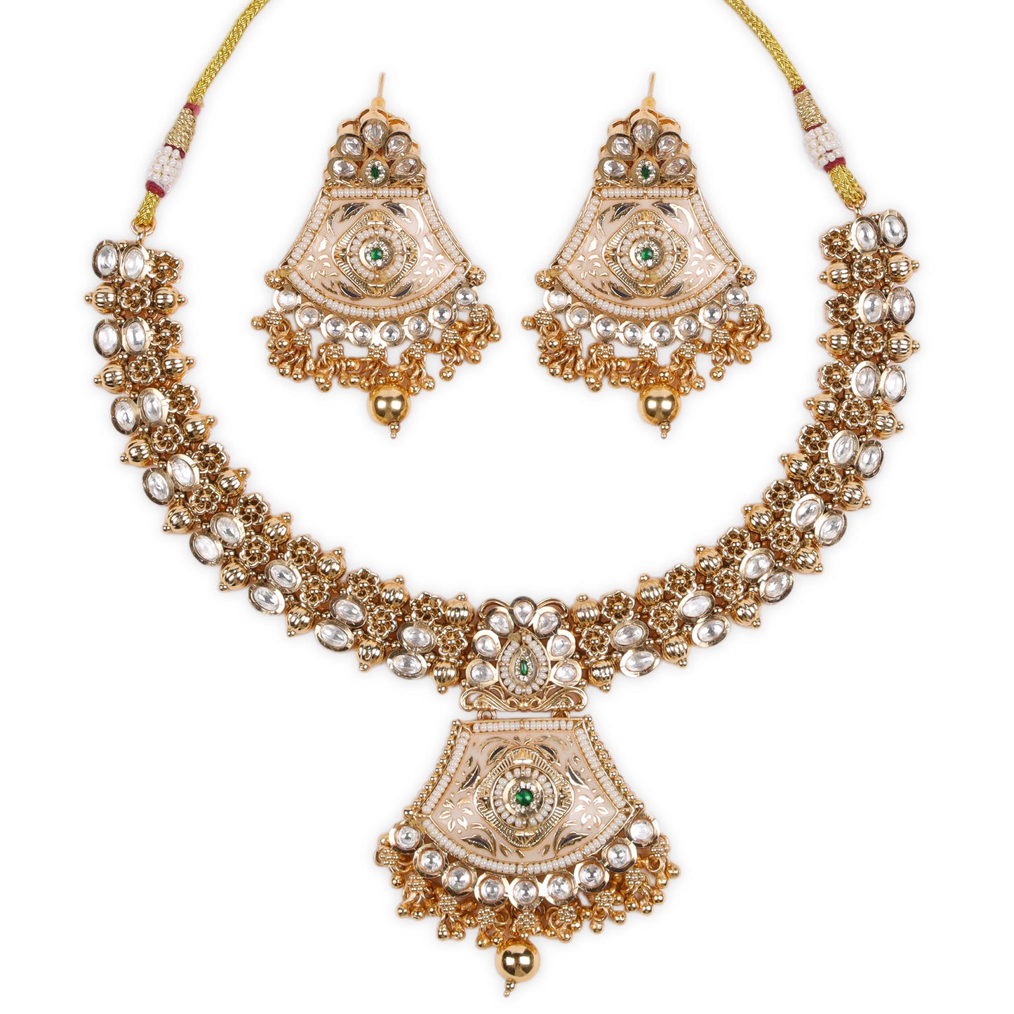 Antique Gold polished Rajwadi Necklace with Meenakari work studded with Polki, Kundan Embellishments